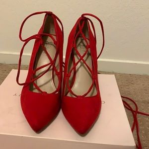 Red, cross tie micro suede heels